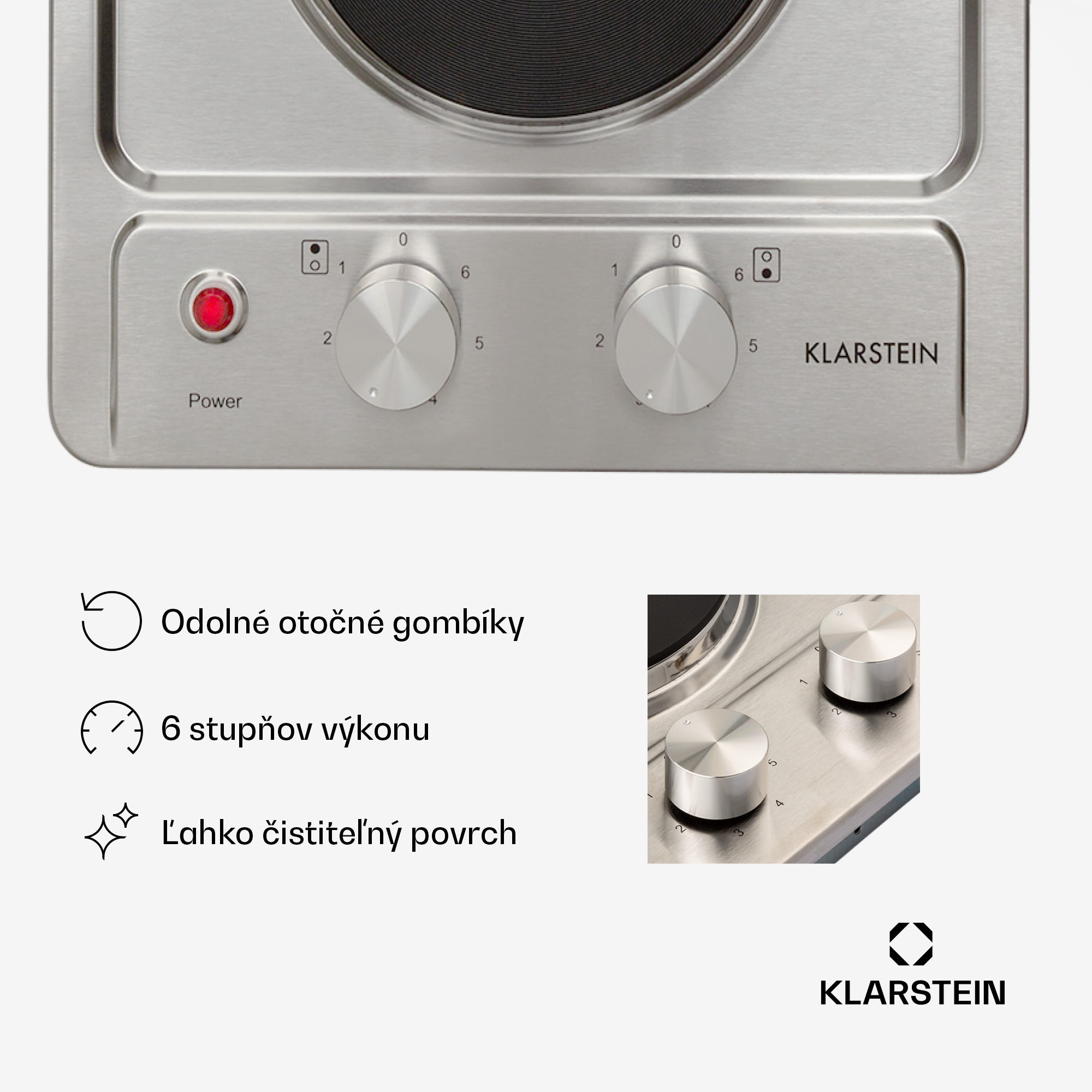 Klarstein Appetito Domino, elektrická varná doska, 3000 W, 2 platne, 6 stupňov výkonu, nehrdzavejúca oceľ