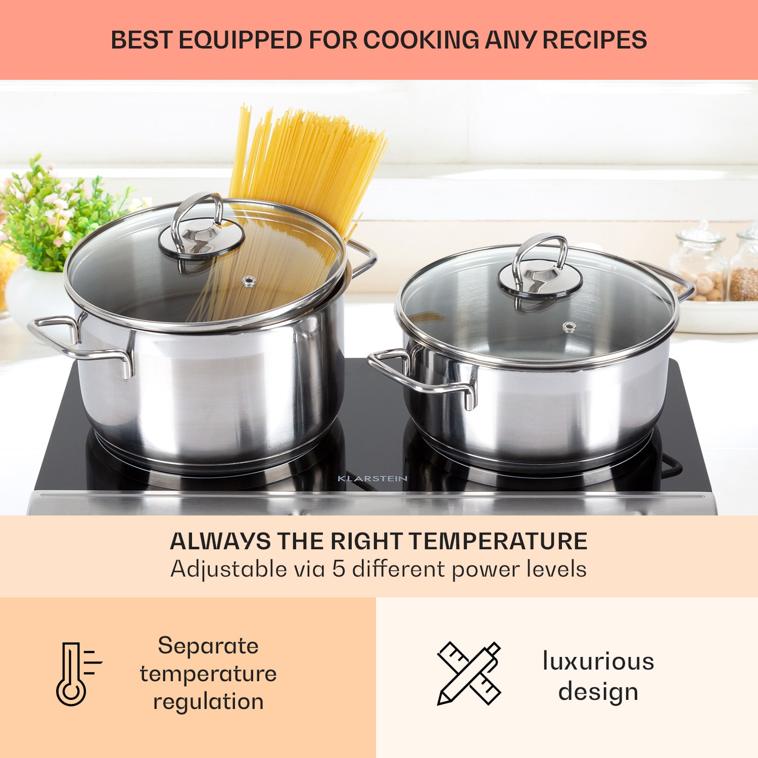 Klarstein Cookbuddy, varná doska, 2400 W, 2 platničky, 5 úrovní výkonu, sklokeramika – Obrázok 2