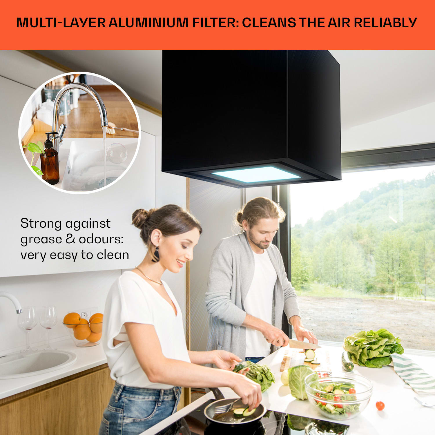 Klarstein Kronleuchter Smart, digestor, 40 cm, ostrovčekový, 595 m³/h, ovládánie cez aplikáciu, LED panel, čierna – Obrázok 3