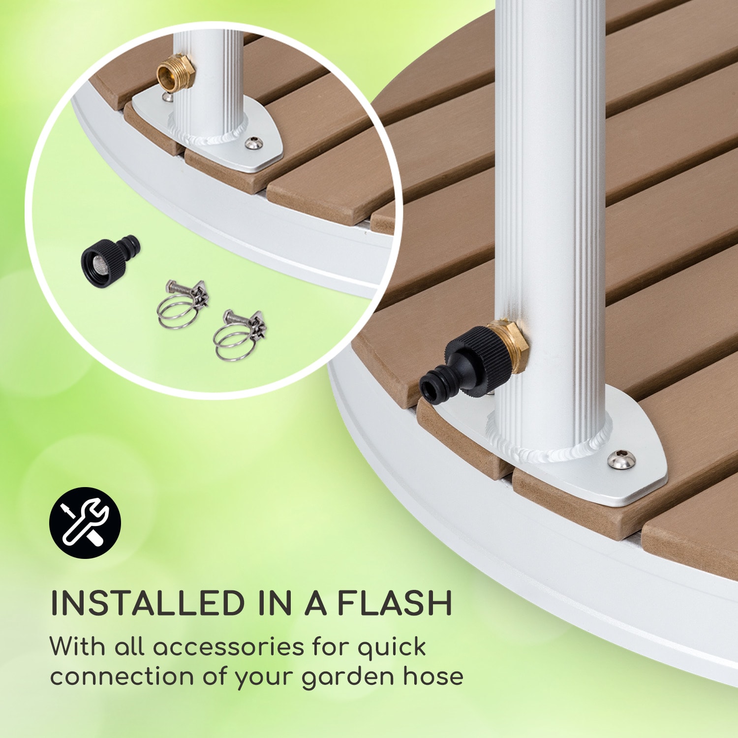 Blumfeldt Sumatra Falls Round, záhradná sprcha, WPC, hliník, Ø 80 cm, okrúhla – Obrázok 2