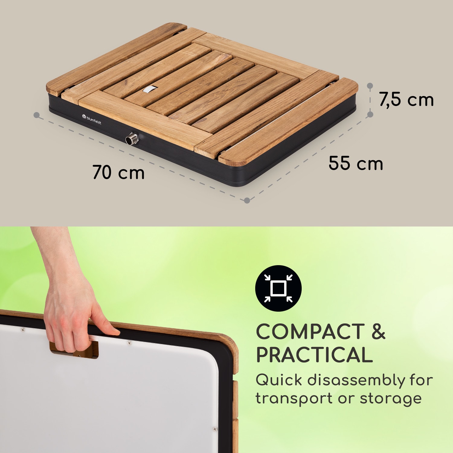 Blumfeldt Sumatra Teak Square, záhradná sprcha, hliník, tíkové drevo, rukoväť – Obrázok 3