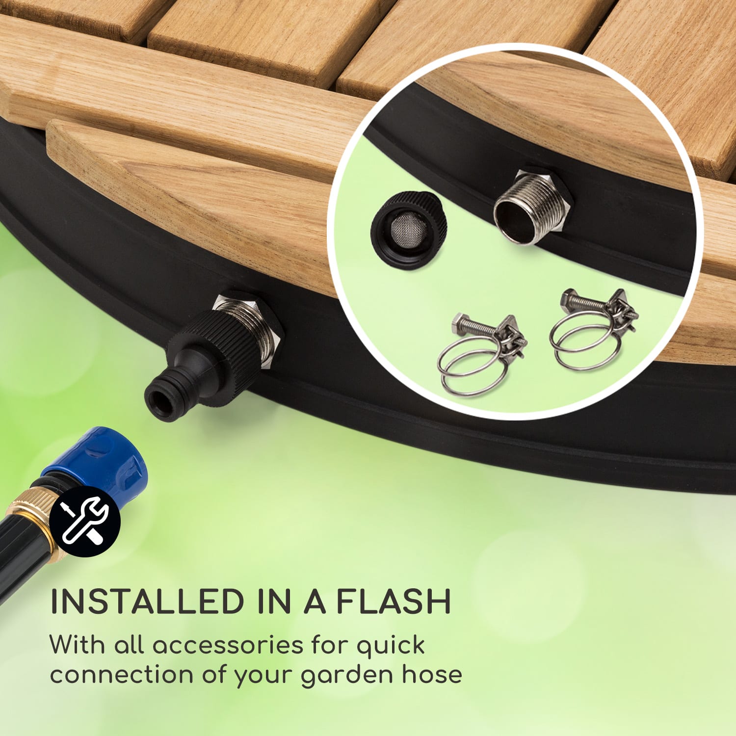 Blumfeldt Sumatra Teak Round, záhradná sprcha, hliník, tíkové drevo, rukoväť – Obrázok 2