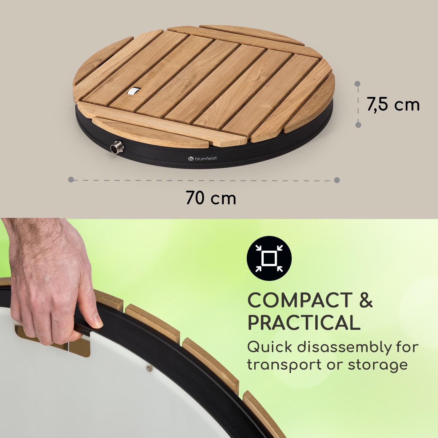 Blumfeldt Sumatra Teak Round, záhradná sprcha, hliník, tíkové drevo, rukoväť – Obrázok 3