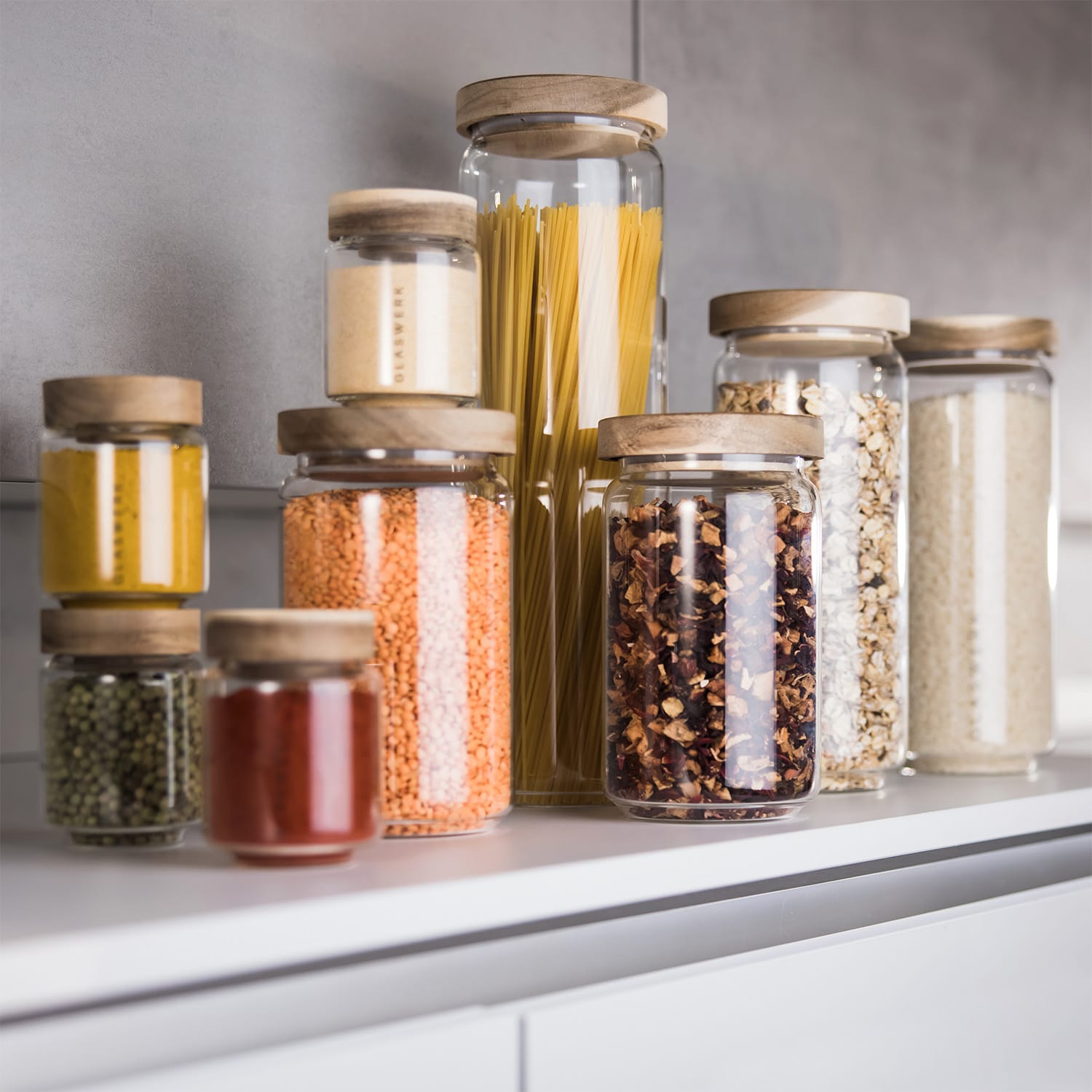 Klarstein Lovage, skladovacie dózy, 0,75, 1,1, 1,5 l, 3 dielna súprava, borosilikátové sklo, veko z akáciového dreva, silikón – Obrázok 2