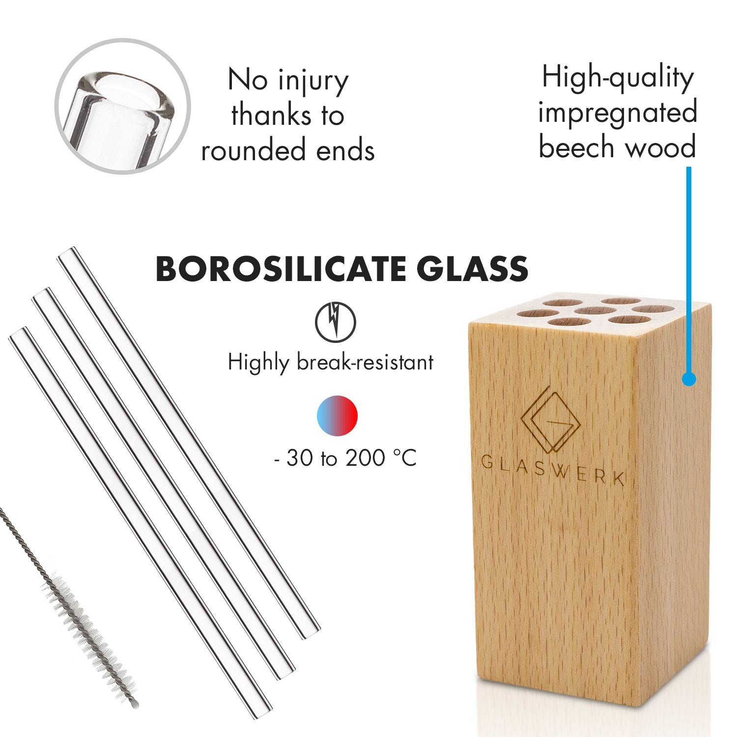 Klarstein Glaswerk Frezzeria, sklenené slamky, 7 kusov, 0,8 x 15 cm (Ø x V), drevený držiak, kefka – Obrázok 2