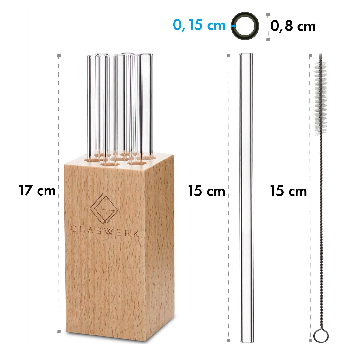 Klarstein Glaswerk Frezzeria, sklenené slamky, 7 kusov, 0,8 x 15 cm (Ø x V), drevený držiak, kefka – Obrázok 3