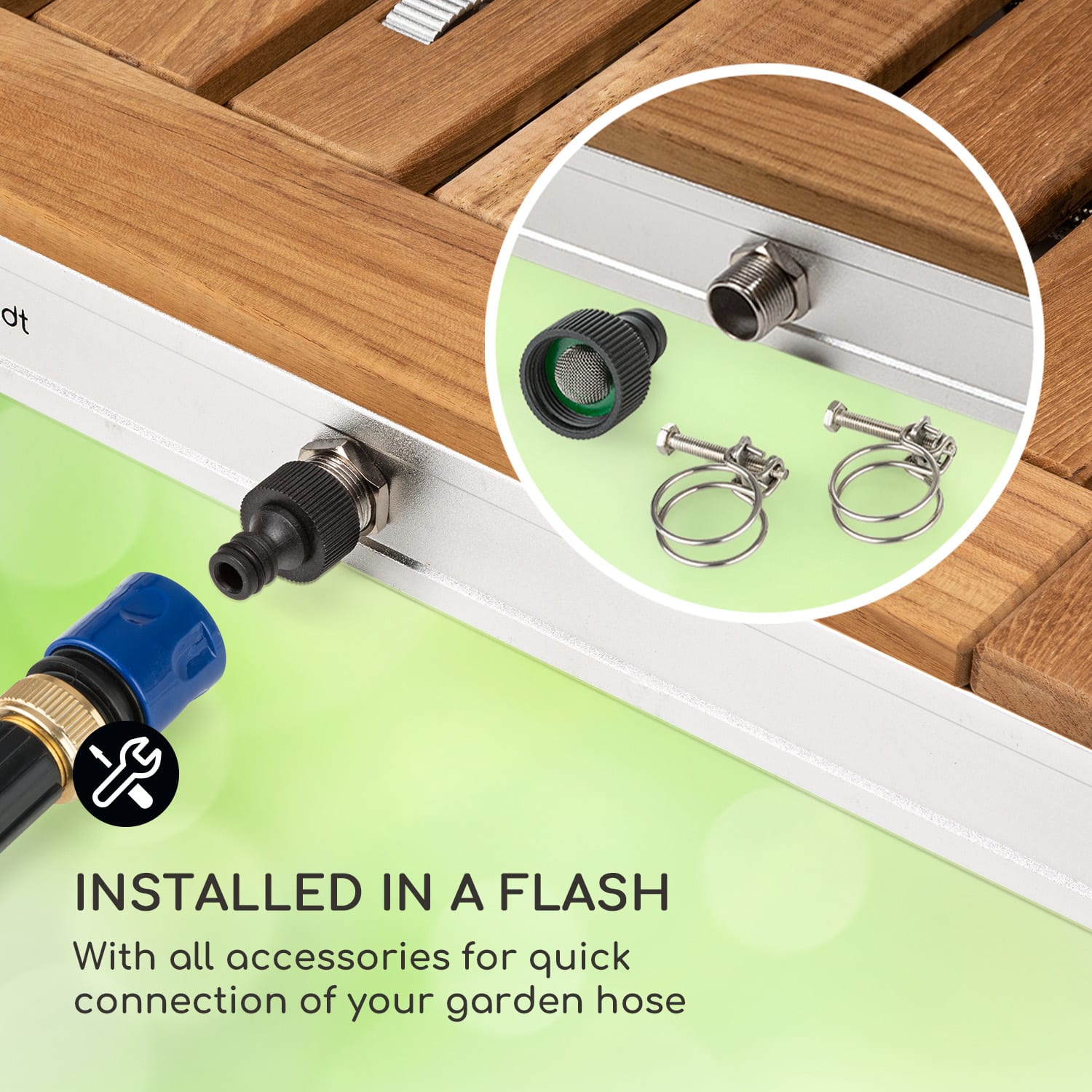 Blumfeldt Sumatra Teak Square, záhradná sprcha, hliník, tíkové drevo, rukoväť – Obrázok 2