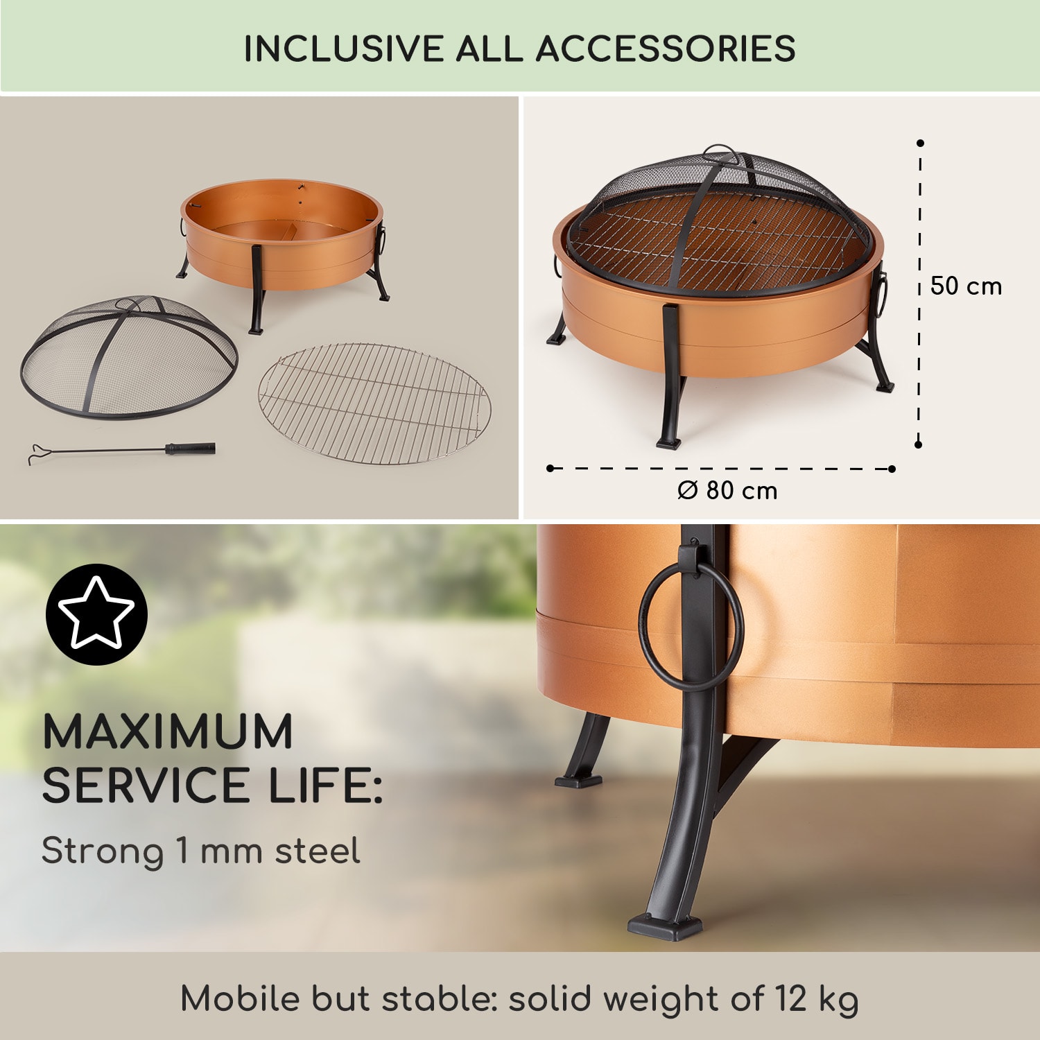Blumfeldt Catania, ohnisko 2 v 1 , Ø 80 cm, lapač iskier, Ø 70 cm gril, oceľ, meď – Obrázok 2