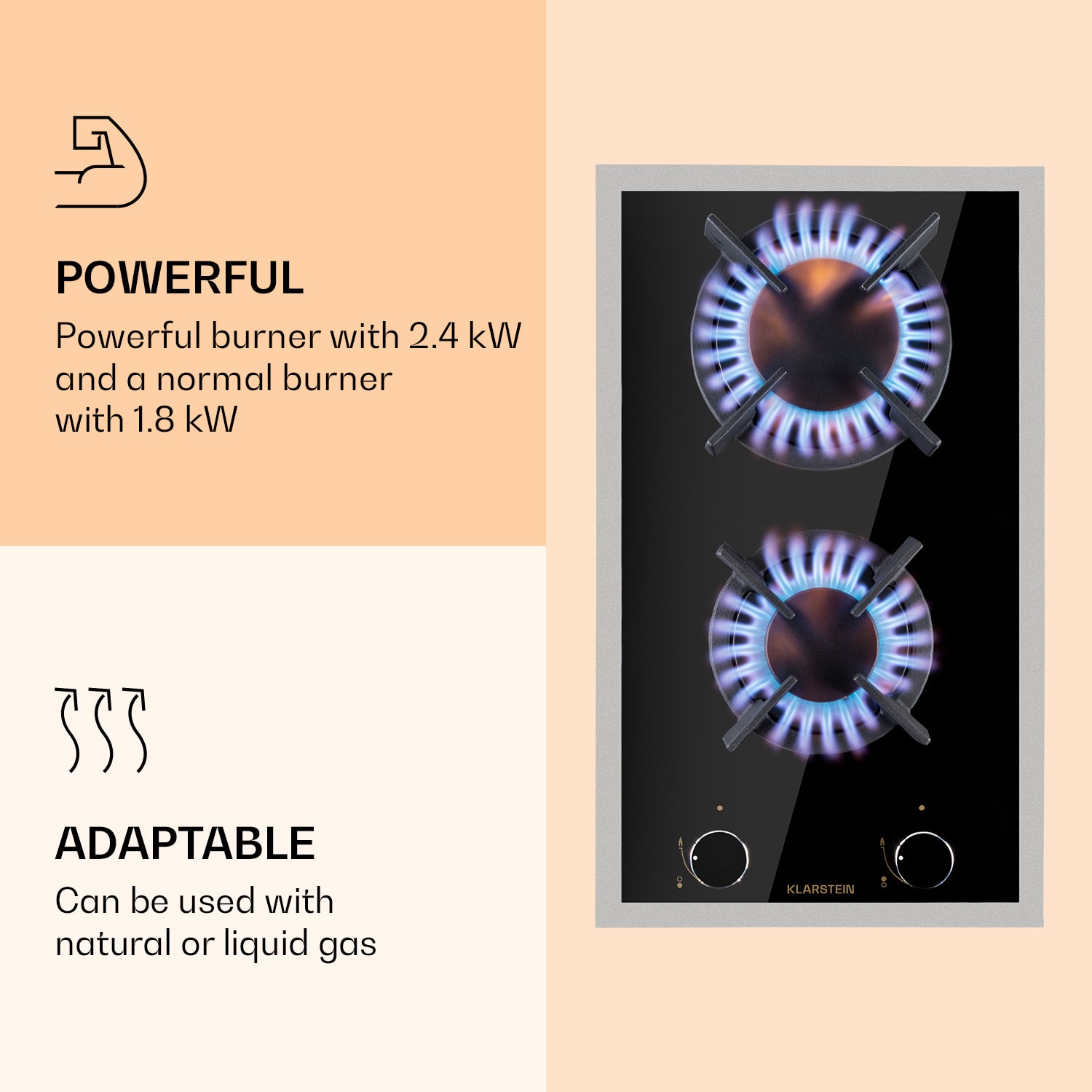 Klarstein Goldflame 2, plynová varná doska, 2 Messing horáky, sklokeramika