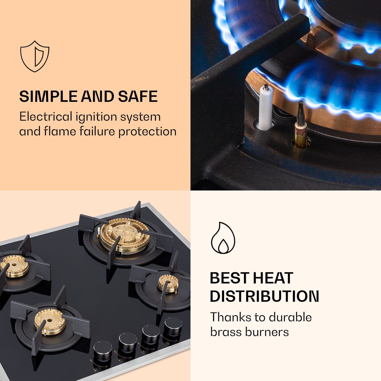 Klarstein Goldflame 4 Prime, plynová varná doska, 4 Messing horáky, sklokeramika – Obrázok 2