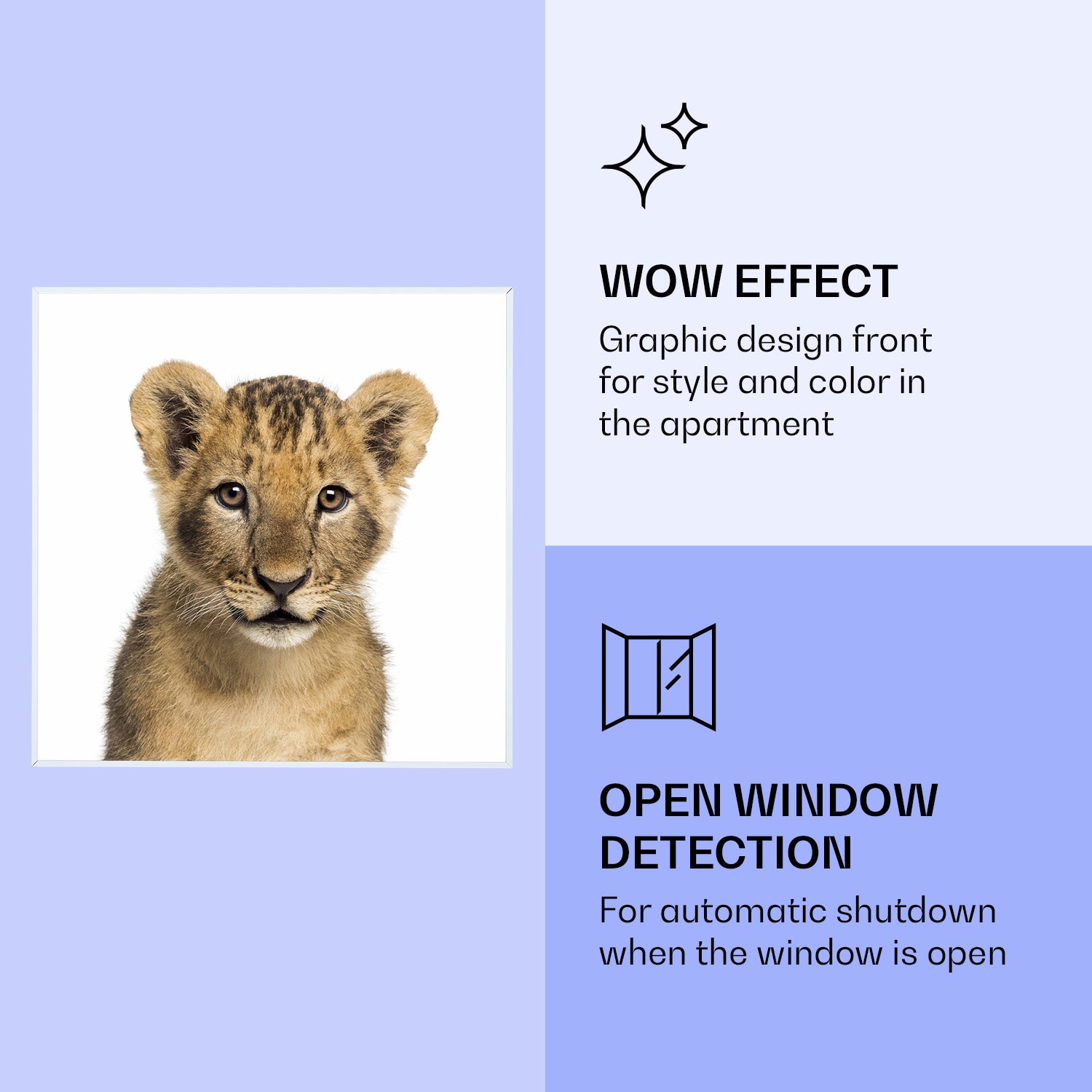 Klarstein Wonderwall Air Art Smart, infračervený ohrievač, 60 x 60 cm, 350 W, lev – Obrázok 3