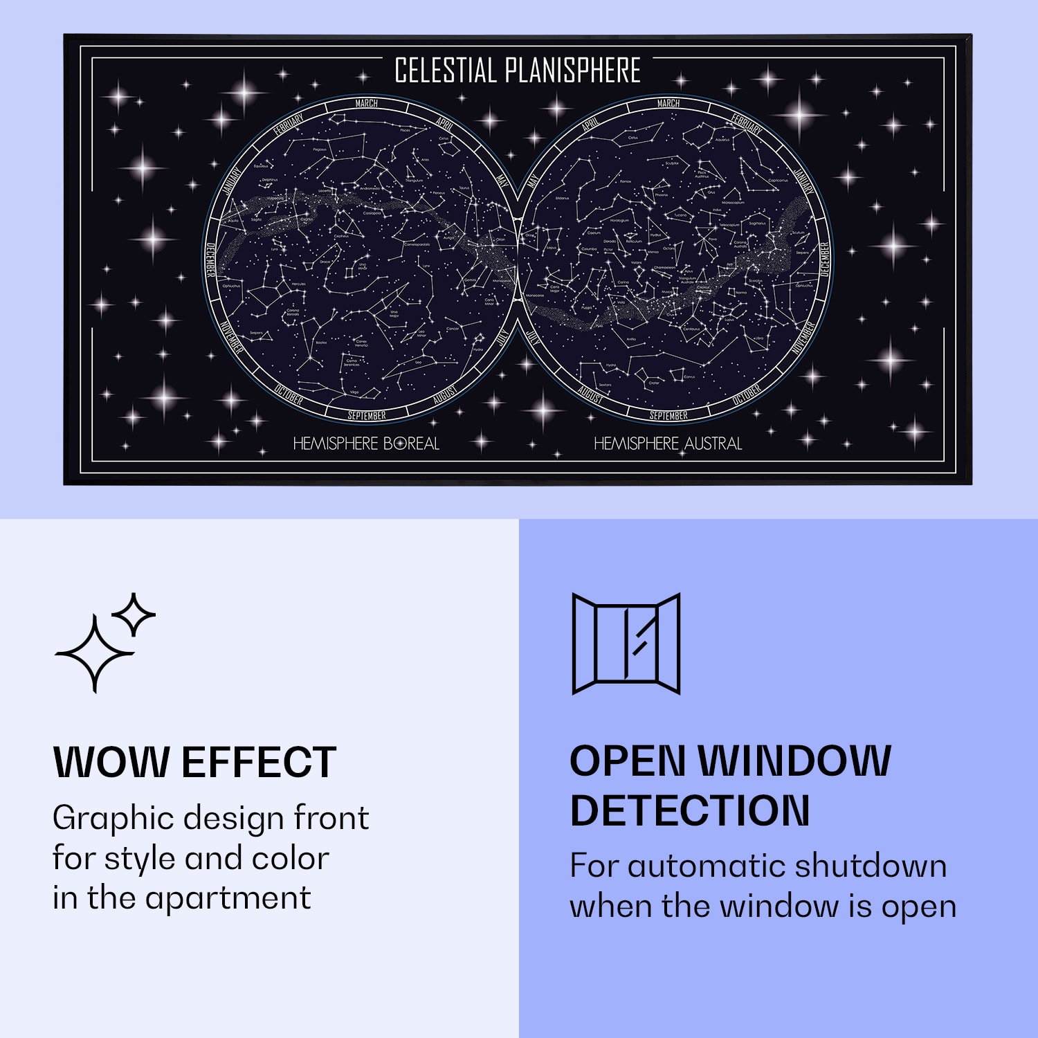 Klarstein Wonderwall Air Art Smart, infračervený ohrievač, 120 x 60 cm, 700 W, mapa oblohy – Obrázok 3