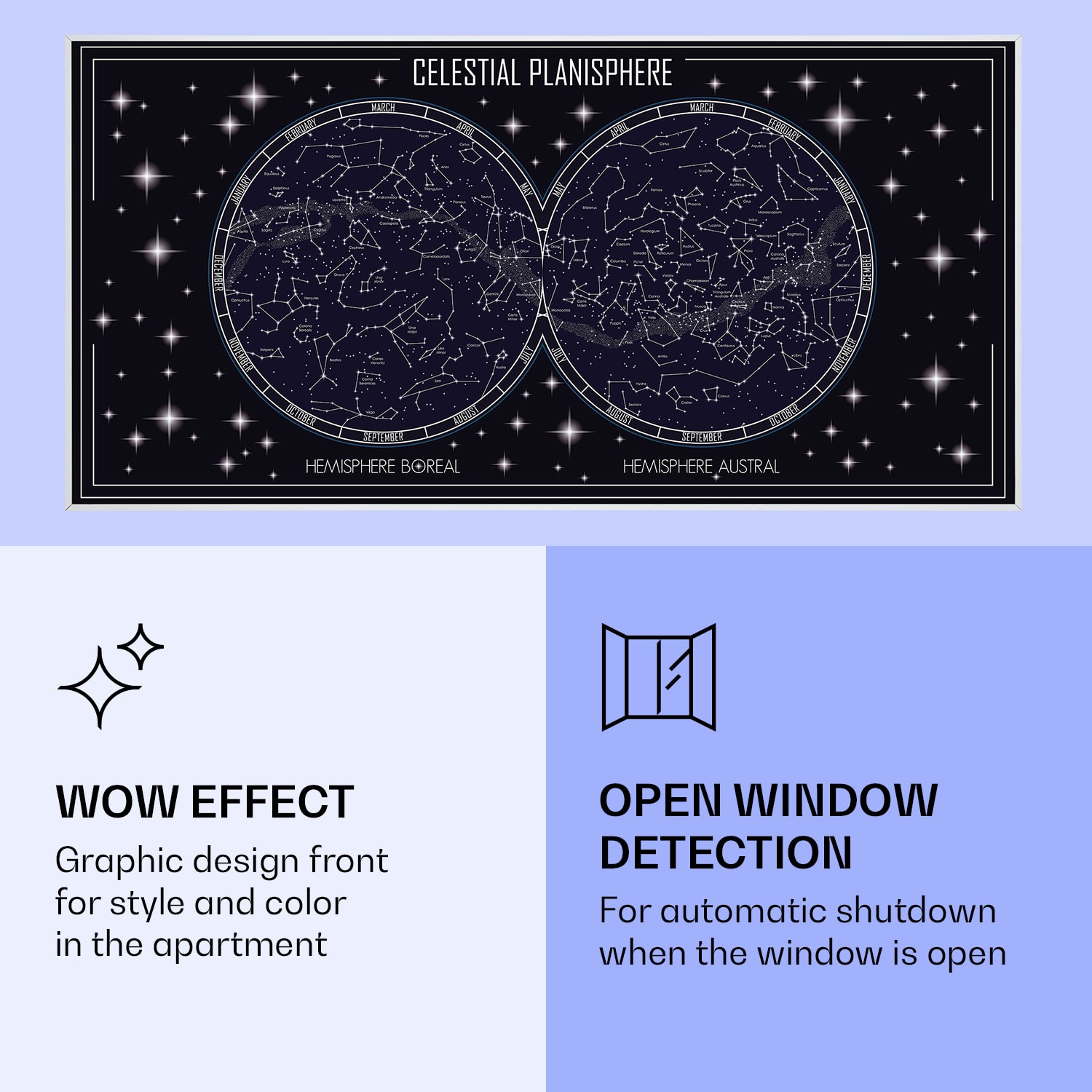 Klarstein Wonderwall Air Art Smart, infračervený ohrievač, 120 x 60 cm, 700 W, mapa oblohy – Obrázok 3