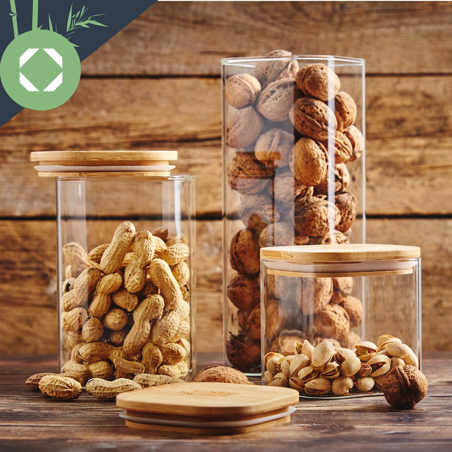 Klarstein Hranatá nádoba na skladovanie potravín s bambusovým vrchnákom, 6 x 20 x 6 cm, 500 ml, vzduchotesná, so silikónovým tesnením