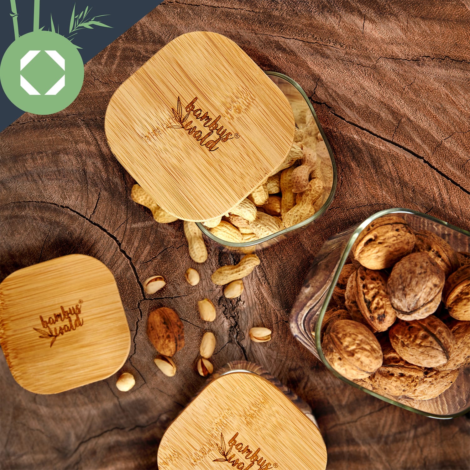 Klarstein Hranatá nádoba na skladovanie potravín s bambusovým vrchnákom, 10 x 20,5 x 10 cm, 3 x 1500 ml, vzduchotesná, so silikónovým tesnením – Obrázok 2