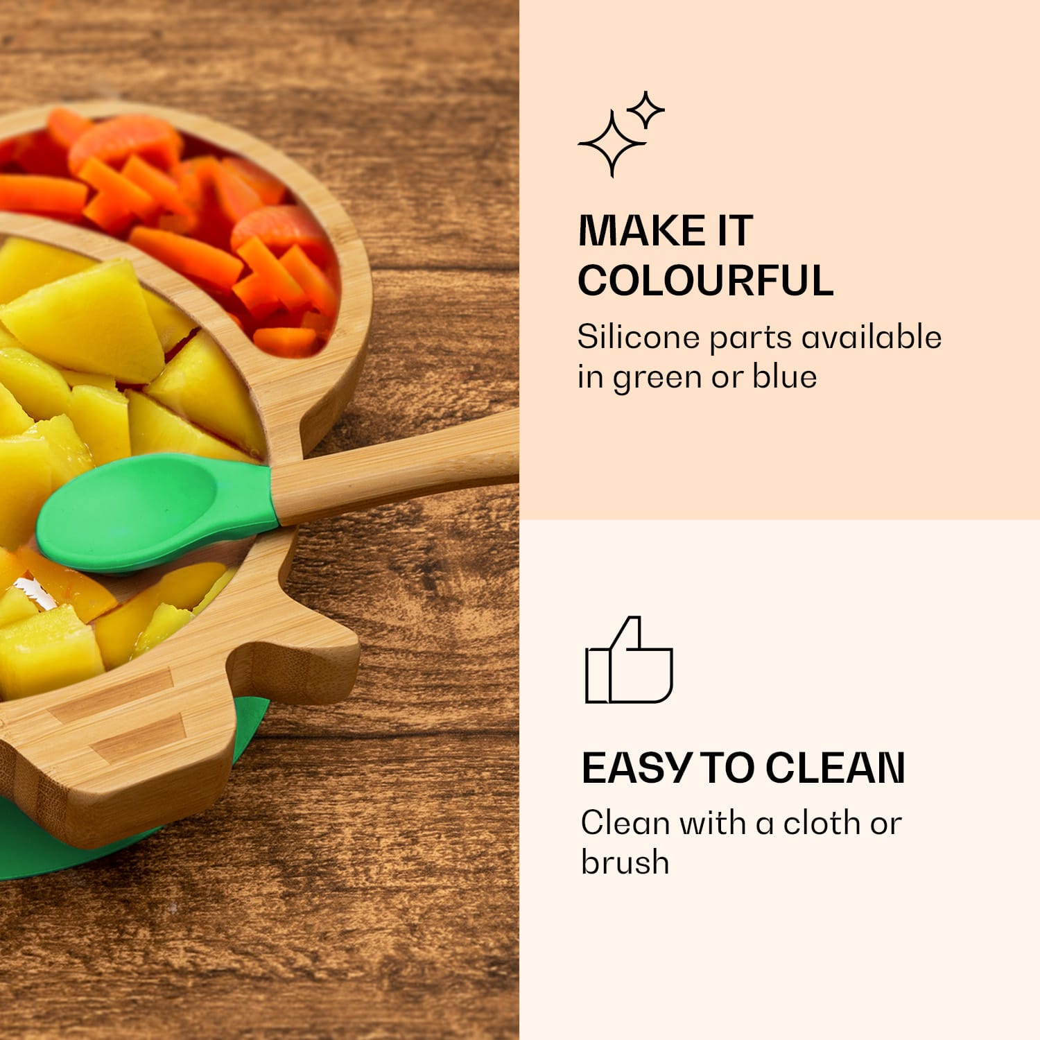 Klarstein Detská jedálenská súprava, bambusový tanier a lyžička, 250 ml, vrátane prísavky, 18 × 18 cm – Obrázok 2