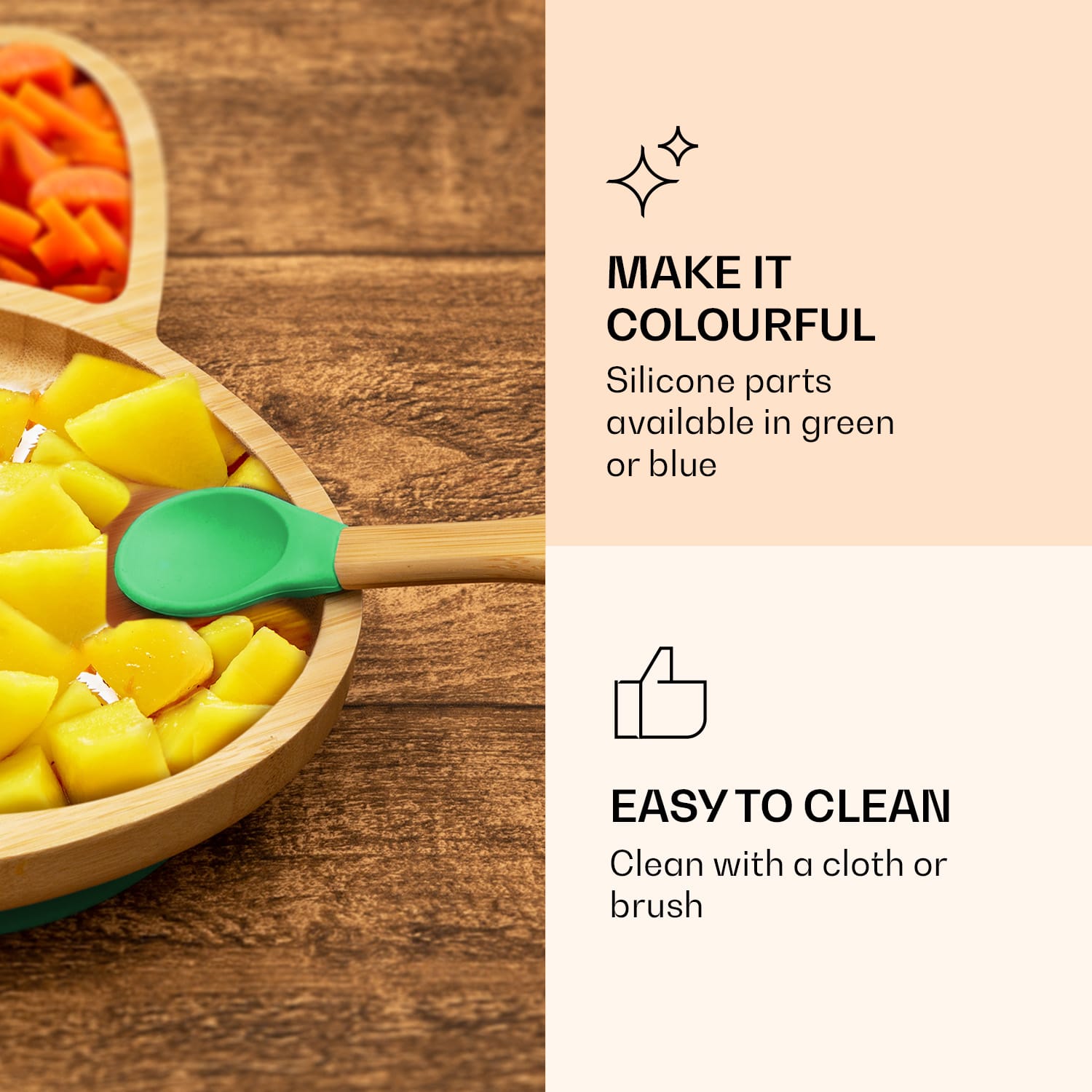 Klarstein Detská jedálenská súprava, bambusový tanier a lyžička, 250 ml, vrátane prísavky, 18 × 18 cm – Obrázok 2