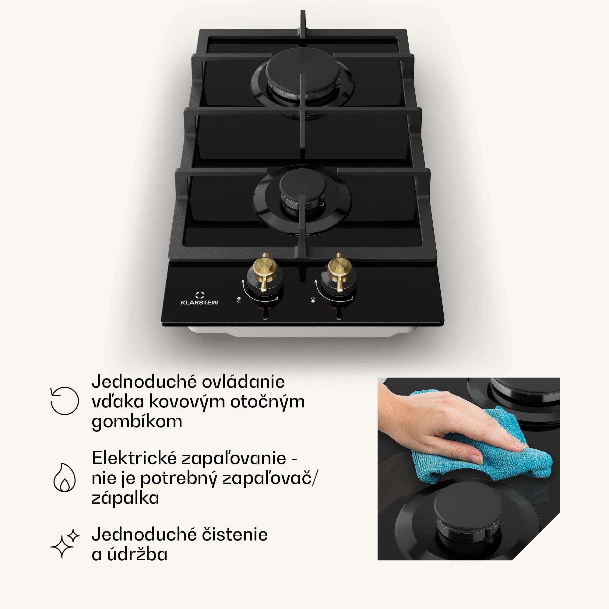 Klarstein Victoria Domino, plynová varná doska, 2 Sabaf horáky, sklokeramika, retro dizajn – Obrázok 3