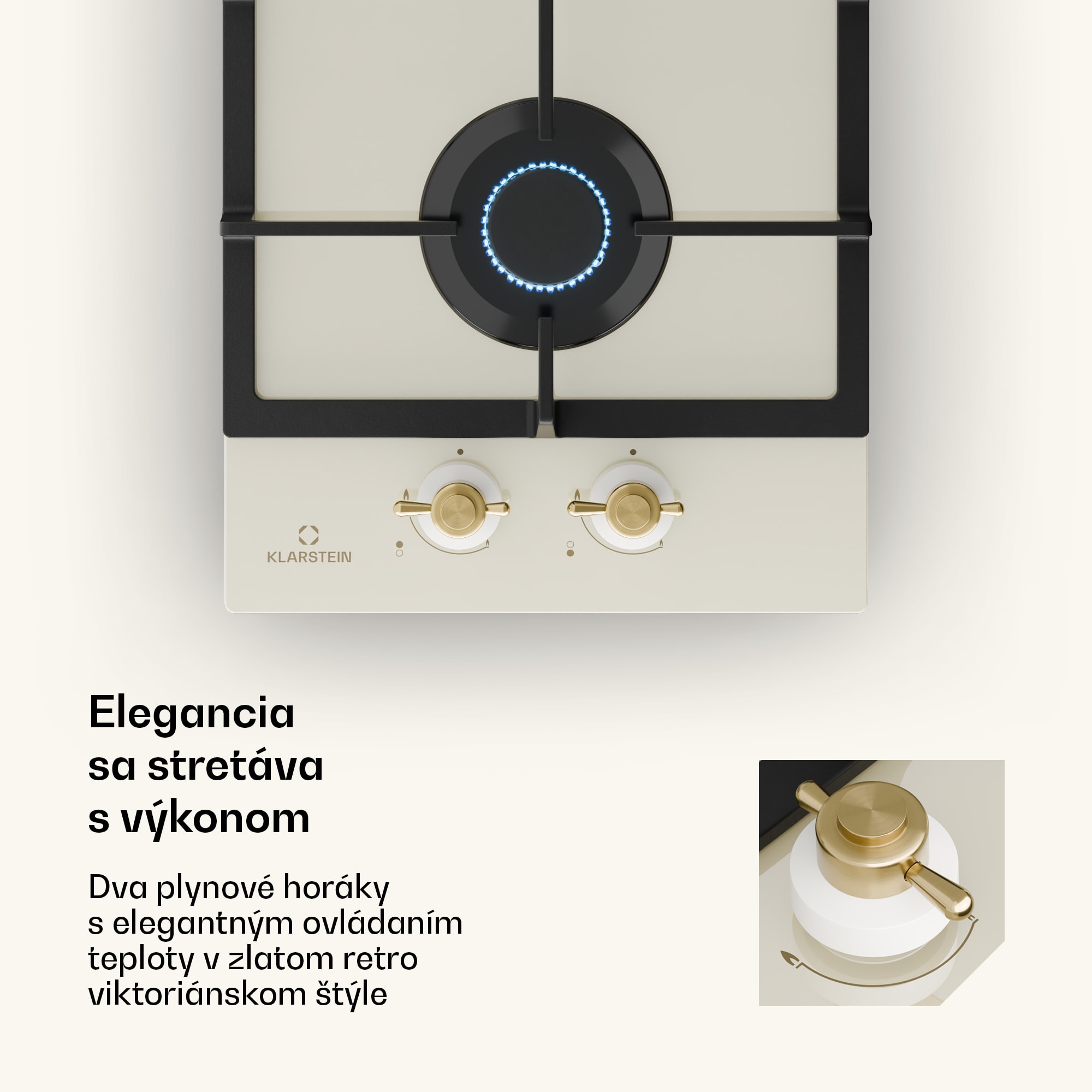 Klarstein Victoria Domino, plynová varná doska, 2 Sabaf horáky, sklokeramika, retro dizajn