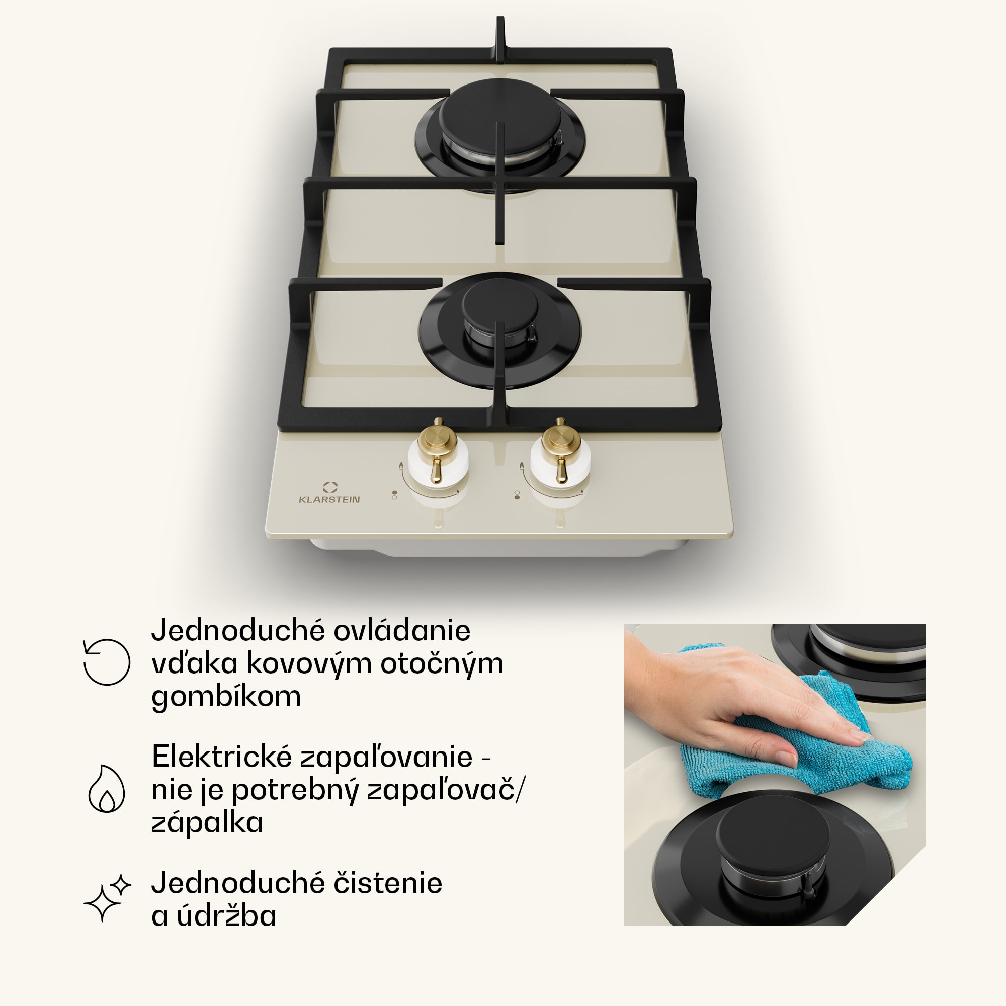 Klarstein Victoria Domino, plynová varná doska, 2 Sabaf horáky, sklokeramika, retro dizajn – Obrázok 3