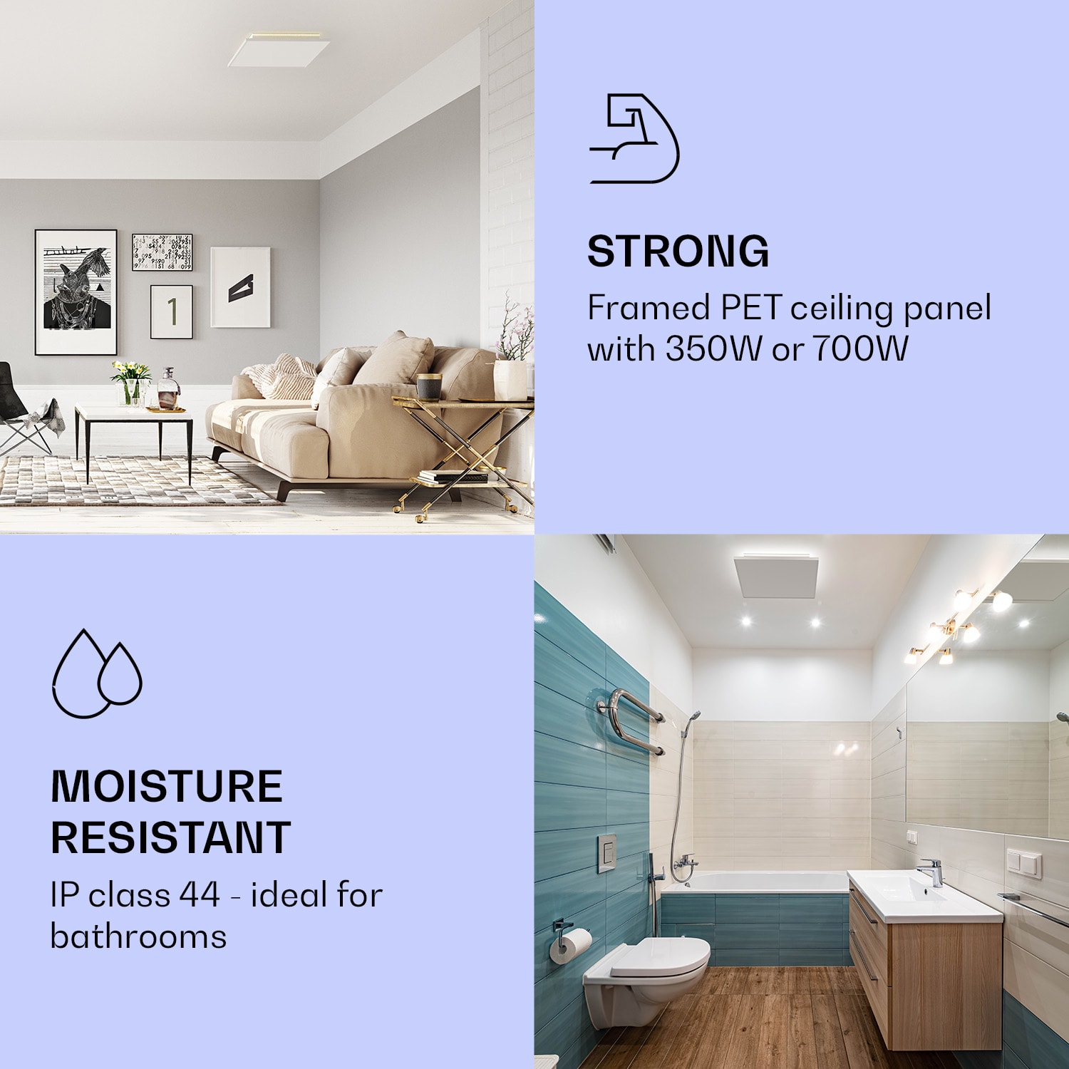 Klarstein Wondersky, infračervený stropný ohrievač, súprava 2 ohrievačov, 60 x 6,5 x 60 cm (Š x V x H), 350 W, IP44 – Obrázok 2