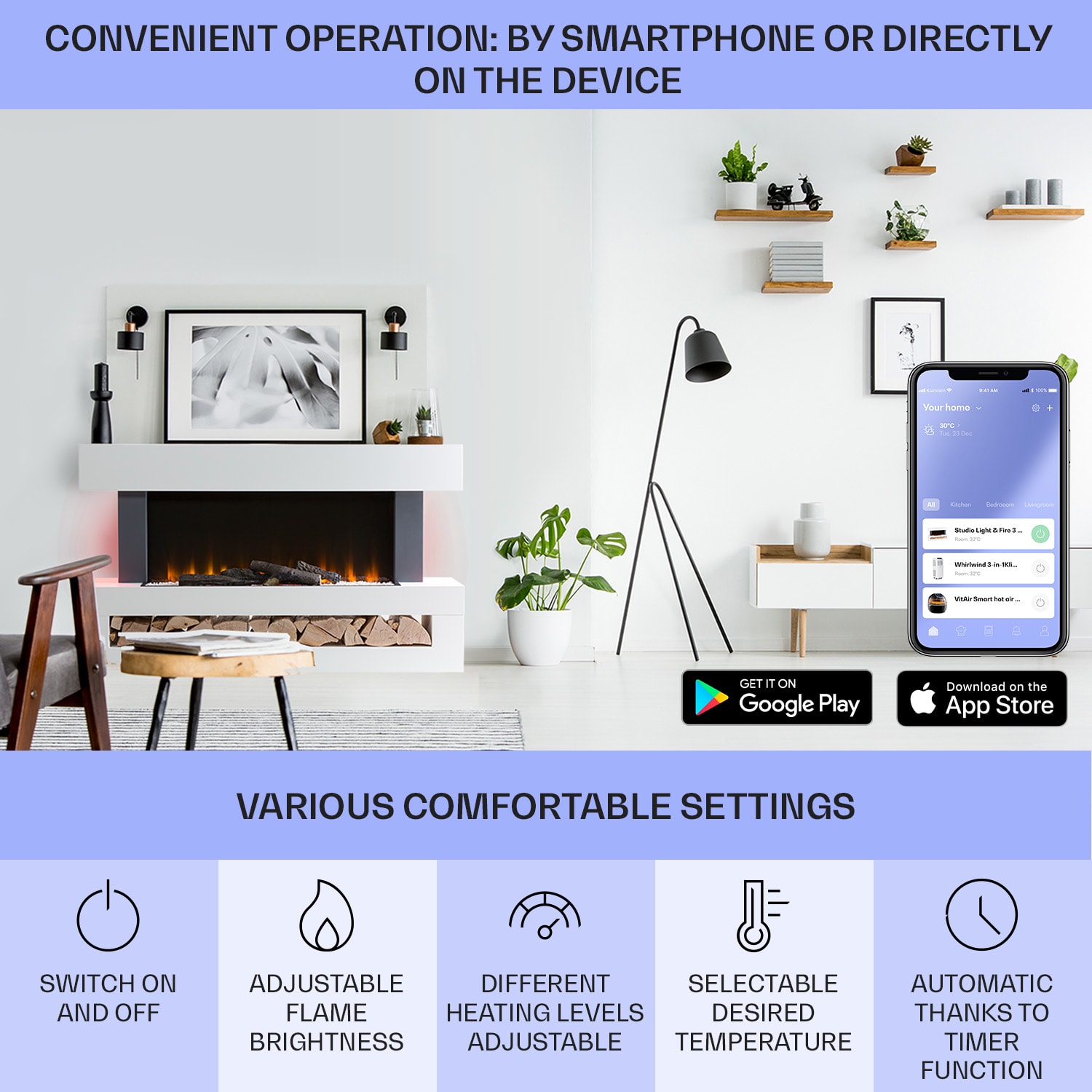 Klarstein Studio Light & Fire 3 Smart, krb, 1000/2000 W, MDF, WiFi Control – Obrázok 3