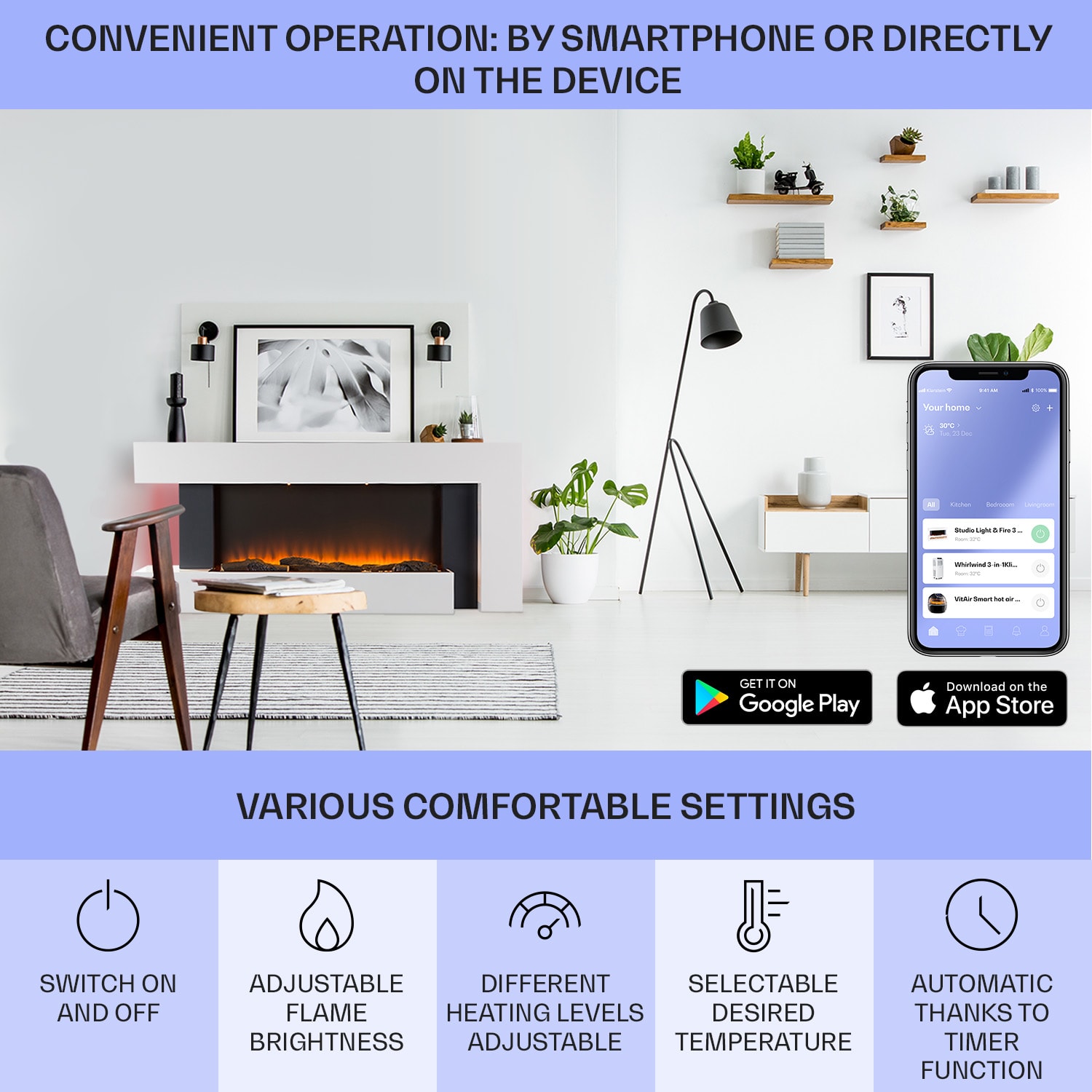 Klarstein Studio Light & Fire 2 Smart, krb, 1000/2000 W, MDF, WiFi Control – Obrázok 3