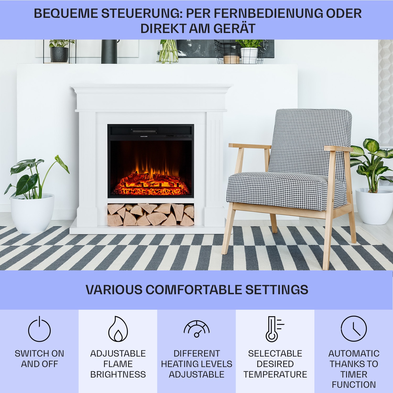 Klarstein Las Pilas, elektrický krbový ohrievač s ventilátorom, 900/1800 W, týždenný časovač, diaľkové ovládanie – Obrázok 2