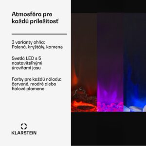 Klarstein Galeras, elektrický nástenný a vstavaný krb, 1800 W, LED, 3 farby, časovač