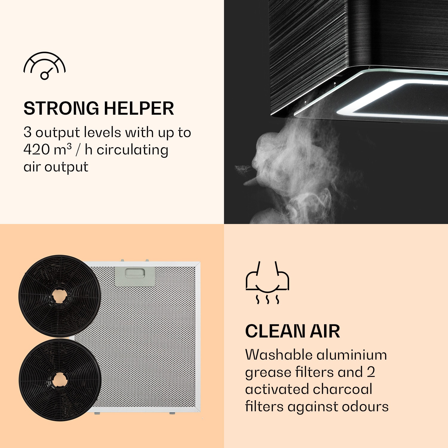 Klarstein Futurelight Smart, digestor, 42 cm, ostrovčekový, 420 m³/h, LED, nehrdzavejúca oceľ, čierny – Obrázok 2