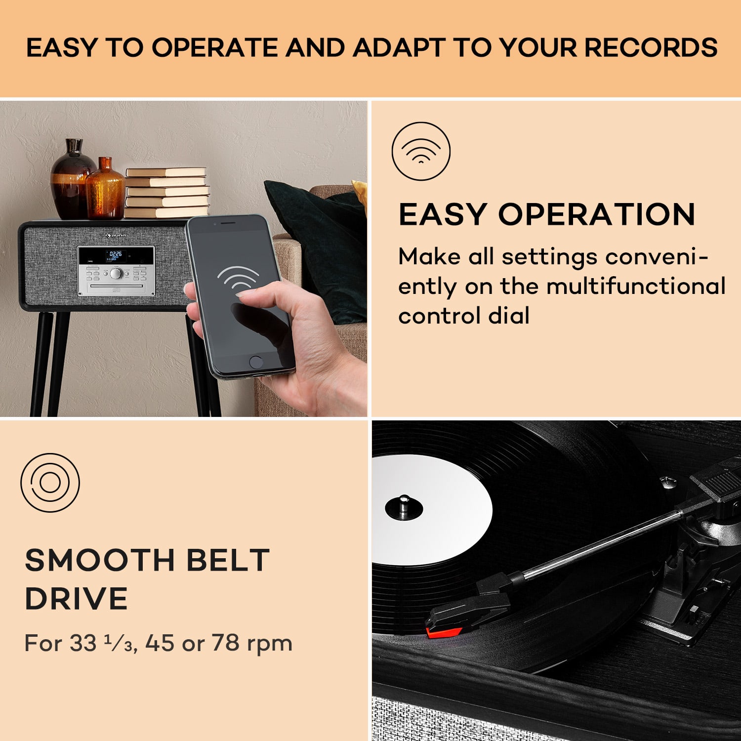 Auna Mary Ann, gramofón, 33 ⅓ / 45 / 78 otáčok/min, CD, DAB+, UKW, BT, USB