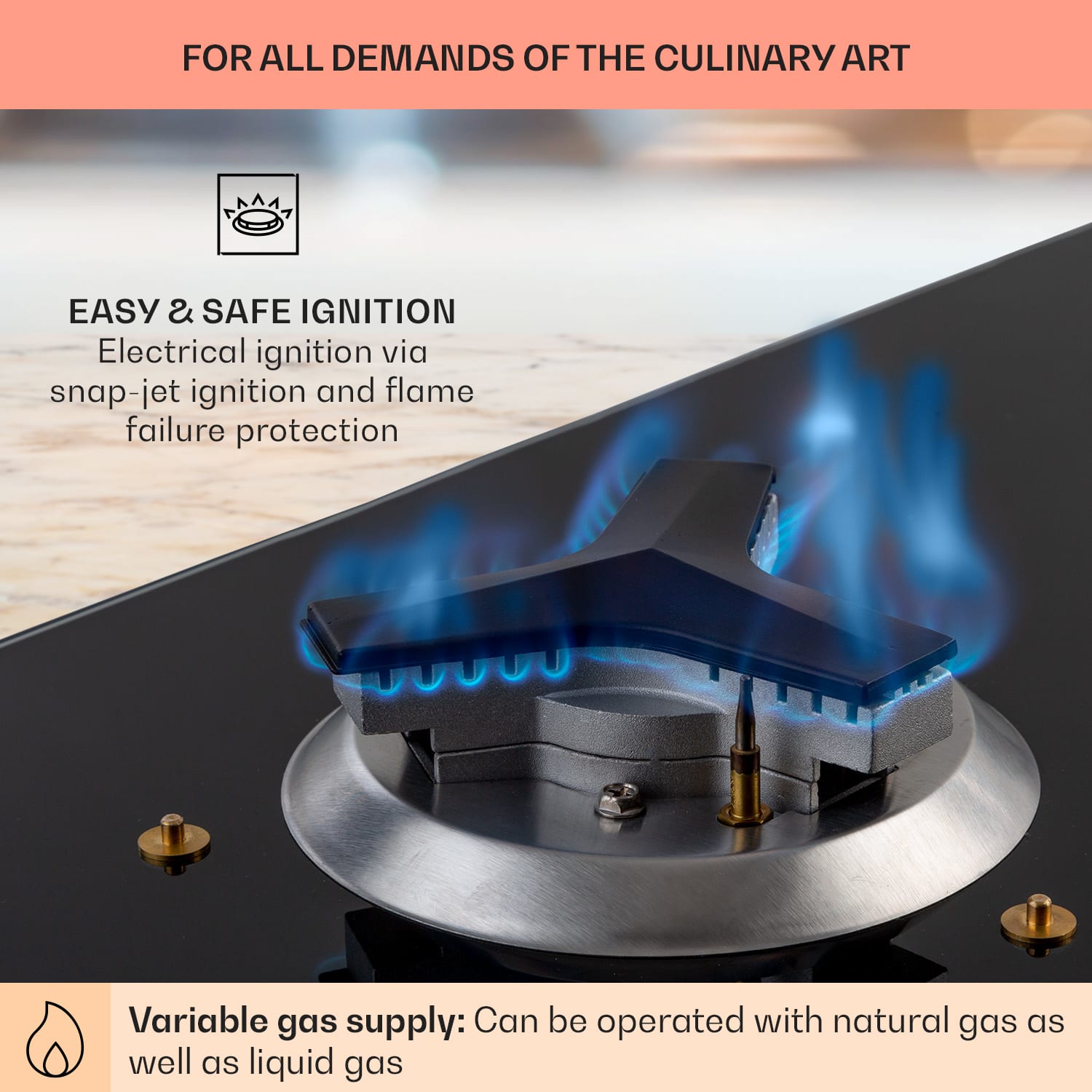 Klarstein Trifecta 6, plynová varná doska, 6 horákov, veľký, normálne a pomocné horáky, sklokeramika – Obrázok 2