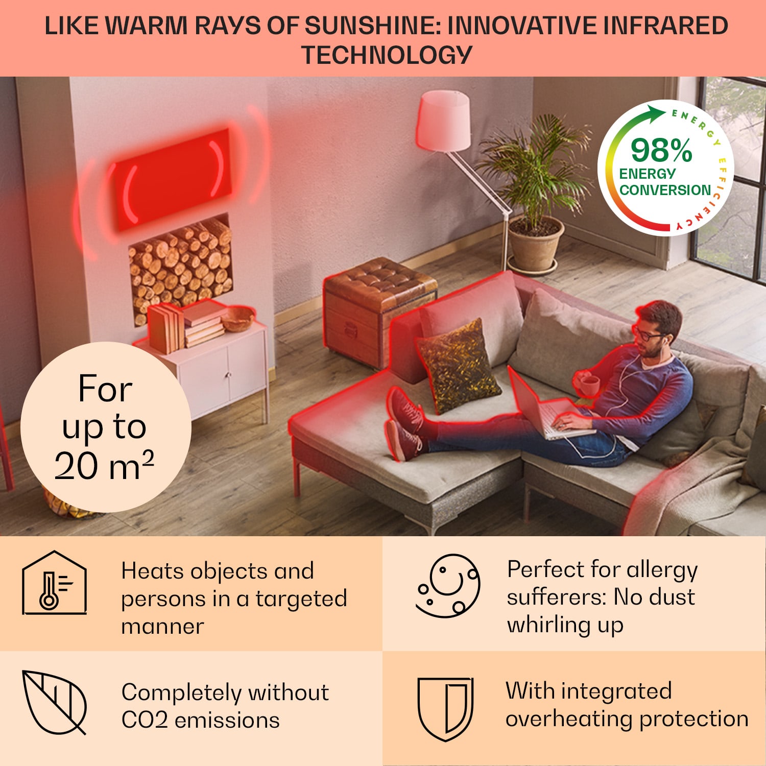 Klarstein La Palma 1000 smart, infračervený ohrievač 2 v 1, 120 x 60 cm, 1000 W, zrkadlová predná časť