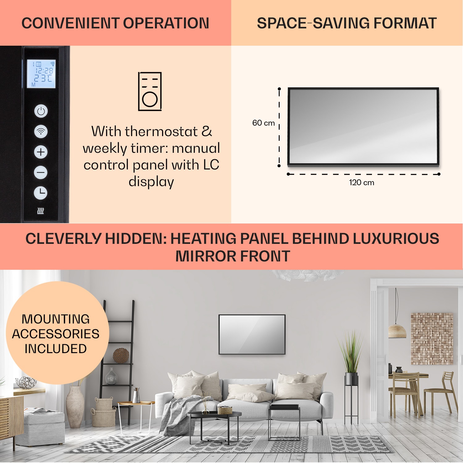 Klarstein La Palma 1000 smart, infračervený ohrievač 2 v 1, 120 x 60 cm, 1000 W, zrkadlová predná časť – Obrázok 3