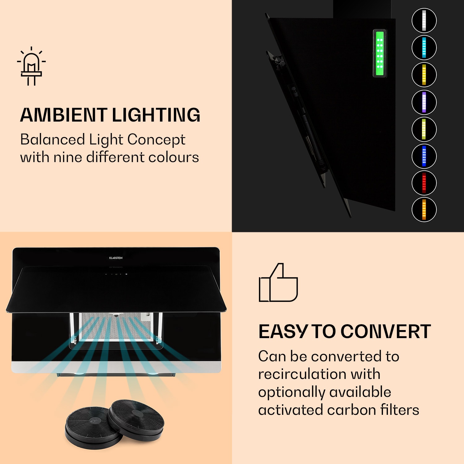 Klarstein Aurora Eco 90, digestor, 90 cm, nástenný, 550 m³/h, A+, dotykové ovládanie, čierny