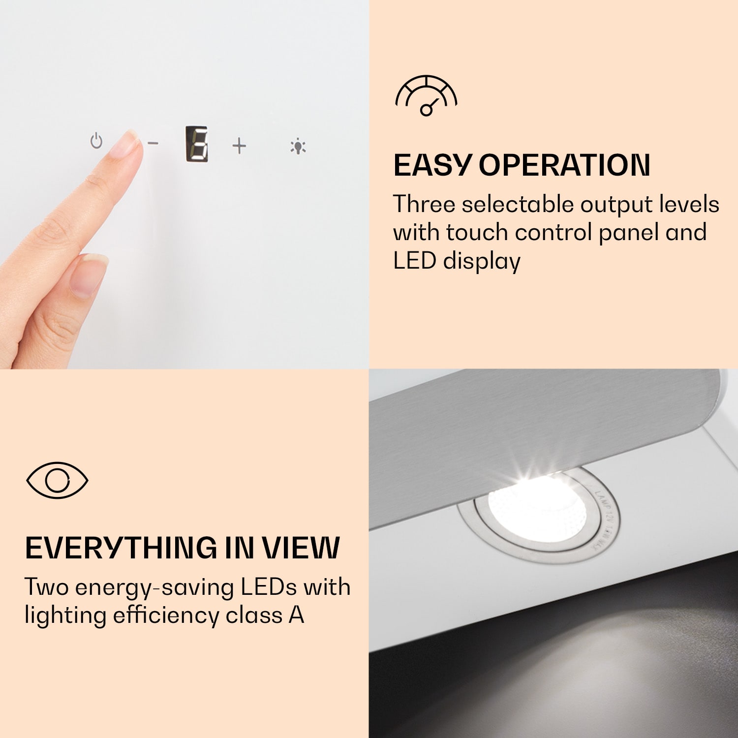 Klarstein Aurora Eco 60, digestor, 60 cm, nástenný, 550 m³/h, A+, dotykové ovládanie, biely – Obrázok 2