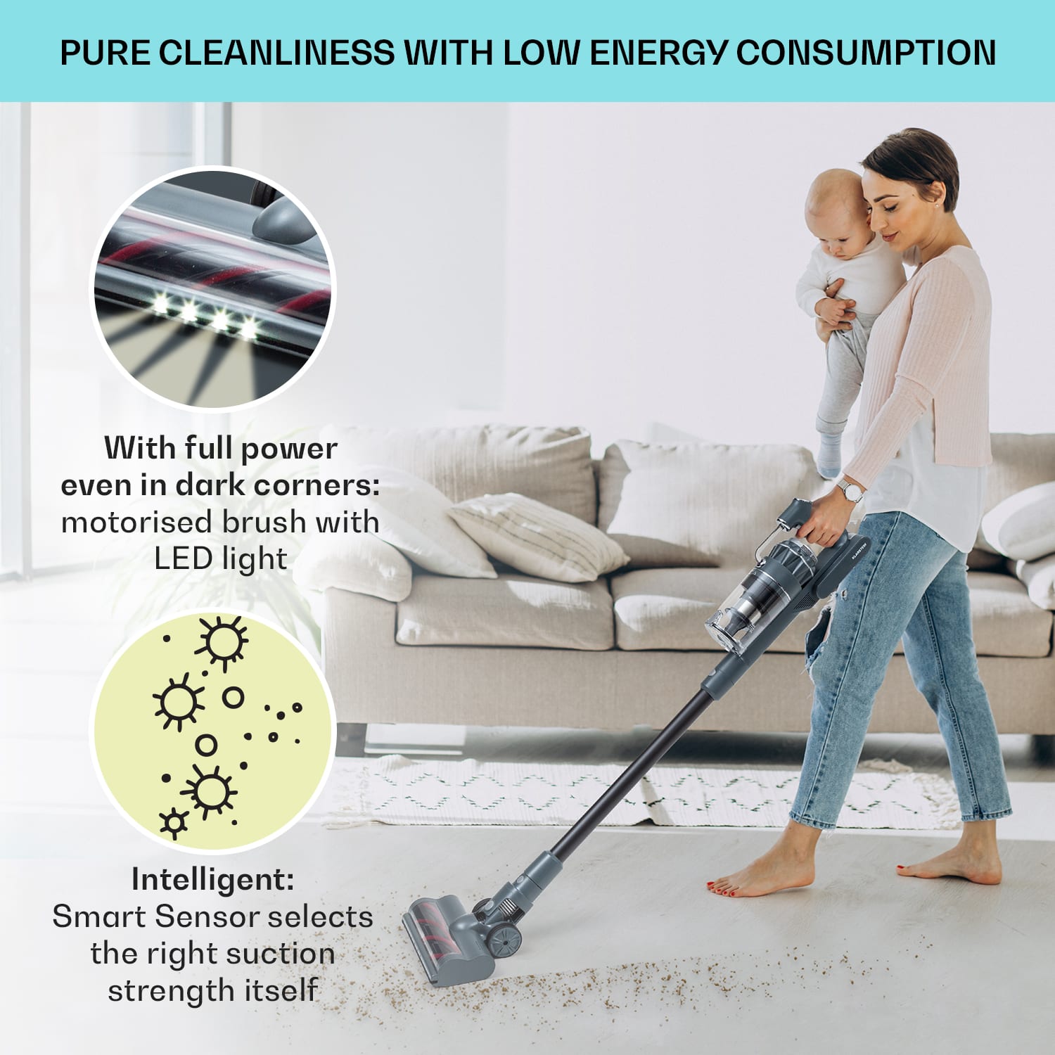 Klarstein LARMA, vysávač, akumulátorový, bezvreckový, maximálna doba prevádzky 45min, LED