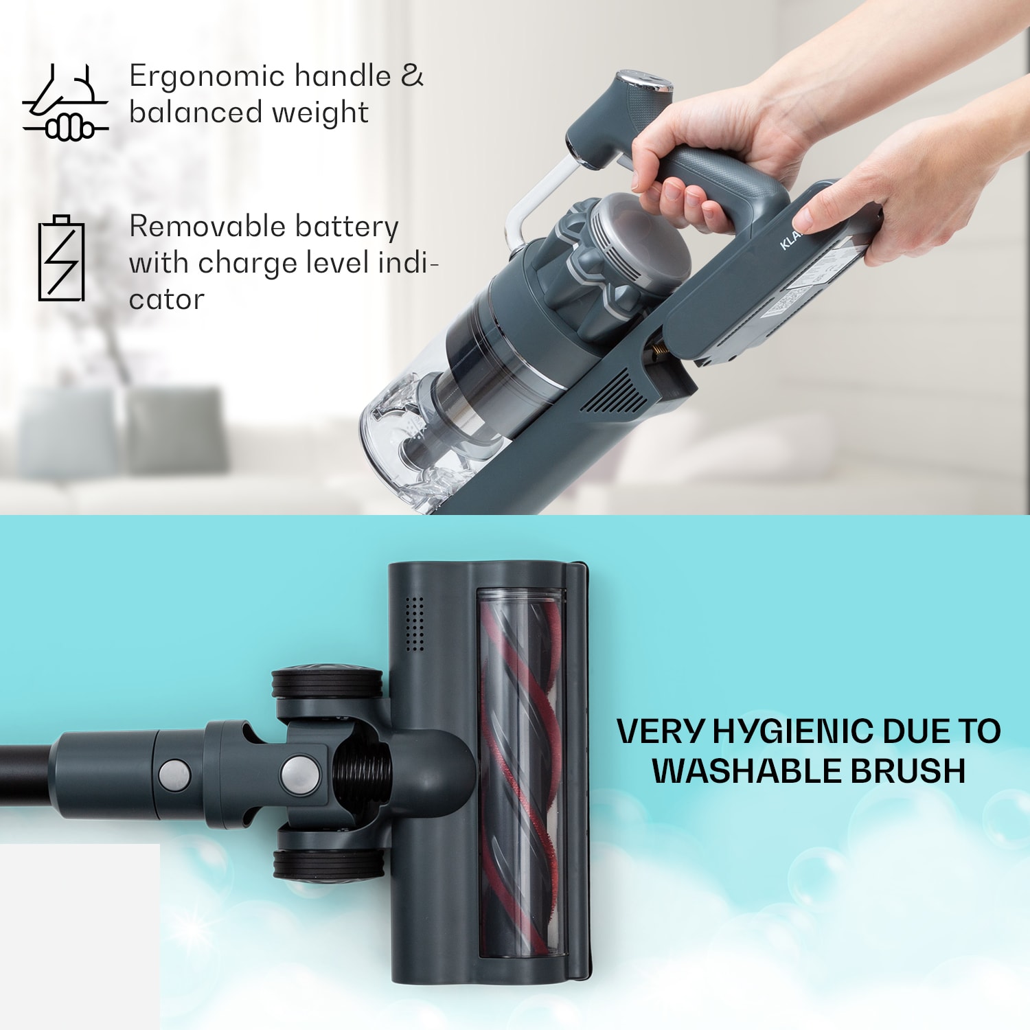 Klarstein LARMA, vysávač, akumulátorový, bezvreckový, maximálna doba prevádzky 45min, LED – Obrázok 3