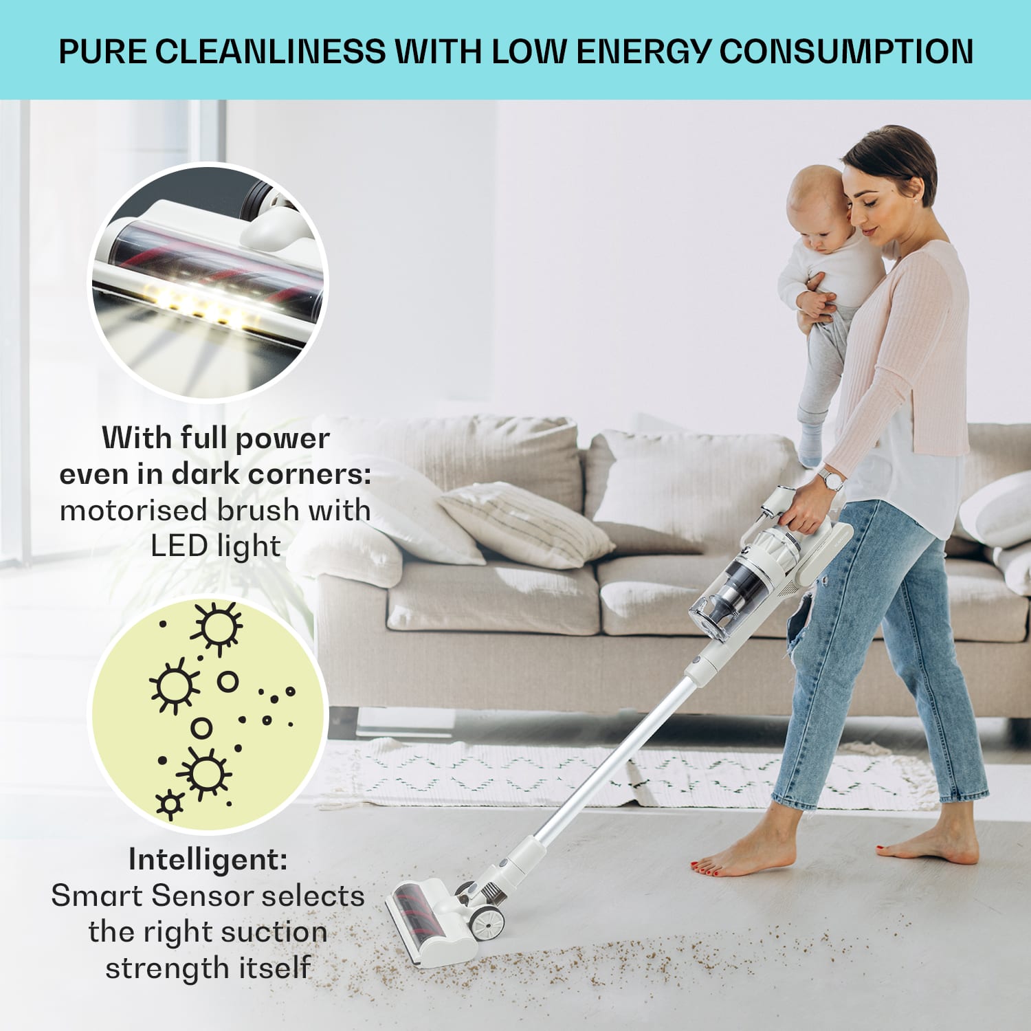 Klarstein LARMA, vysávač, akumulátorový, bezvreckový, maximálna doba prevádzky 45min, LED