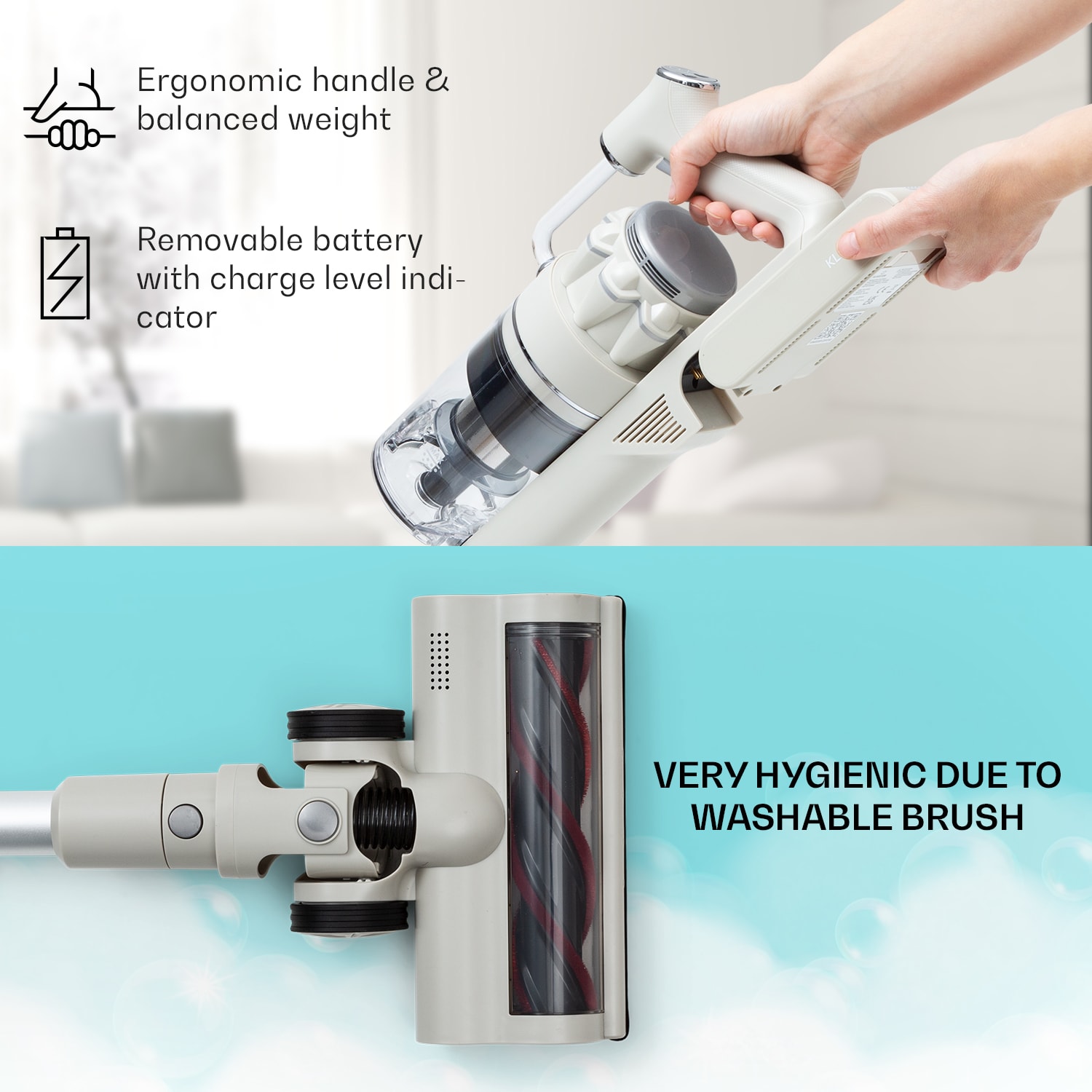 Klarstein LARMA, vysávač, akumulátorový, bezvreckový, maximálna doba prevádzky 45min, LED – Obrázok 3