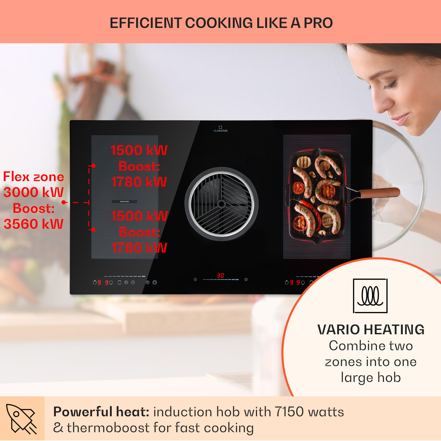 Klarstein Full House Down Air System, indukčná varná doska s odsávaním, 655 m³/h, energet. trieda A