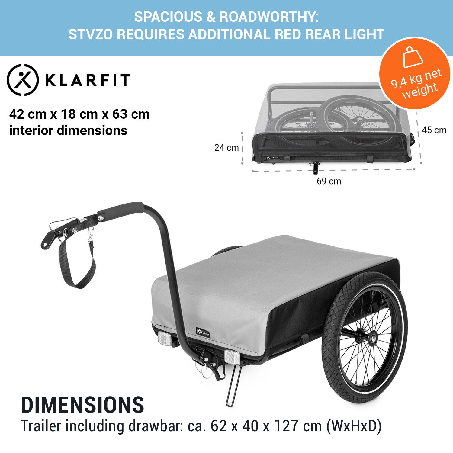 KLARFIT Companion, nákladný príves, 40kg/50litrov, príves na bicykle, ručný vozík, čierny – Obrázok 3