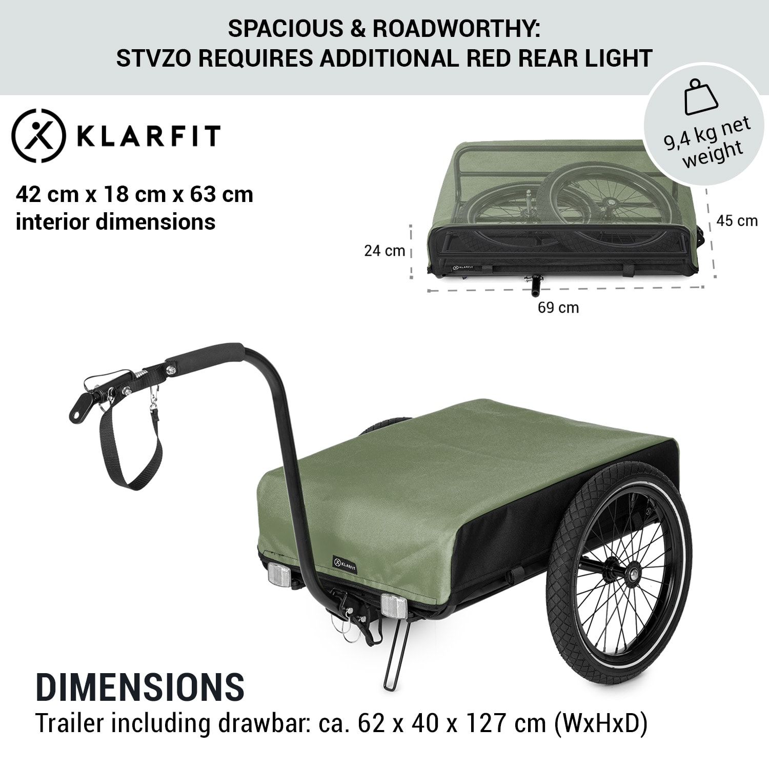 KLARFIT Companion, nákladný príves, 40kg/50litrov, príves na bicykle, ručný vozík, čierny – Obrázok 3