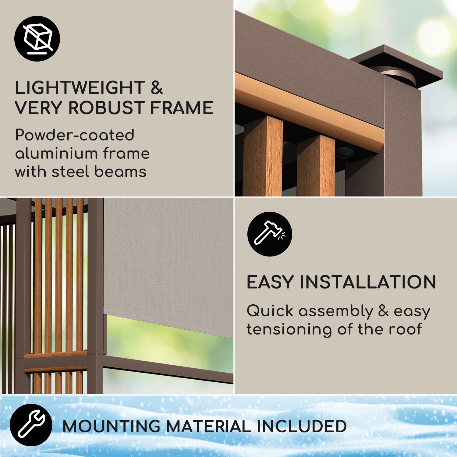 Blumfeldt Valence, altánok, 3 x 3 m, UV50+, vodoodpudivý, solárne LED osvetlenie, solárny panel – Obrázok 2