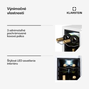 Klarstein Shiraz 12 Slim, vinotéka, 32 l, 12 fliaš, 85 W, 5–18°C, dotykový ovládací panel