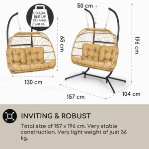 Blumfeldt Biarritz Double, závesné kreslo, dvojmiestne sedadlo, vankúš, polyester, hliník, polyratan, 260 kg