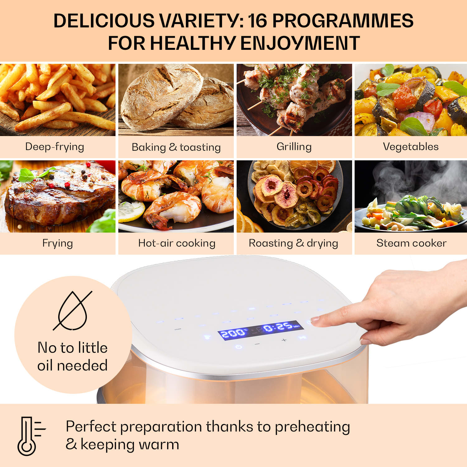 Klarstein Air Bloom, teplovzdušná fritéza, 1500 W, 7,5 l, 16 programov, s funkciou naparovania