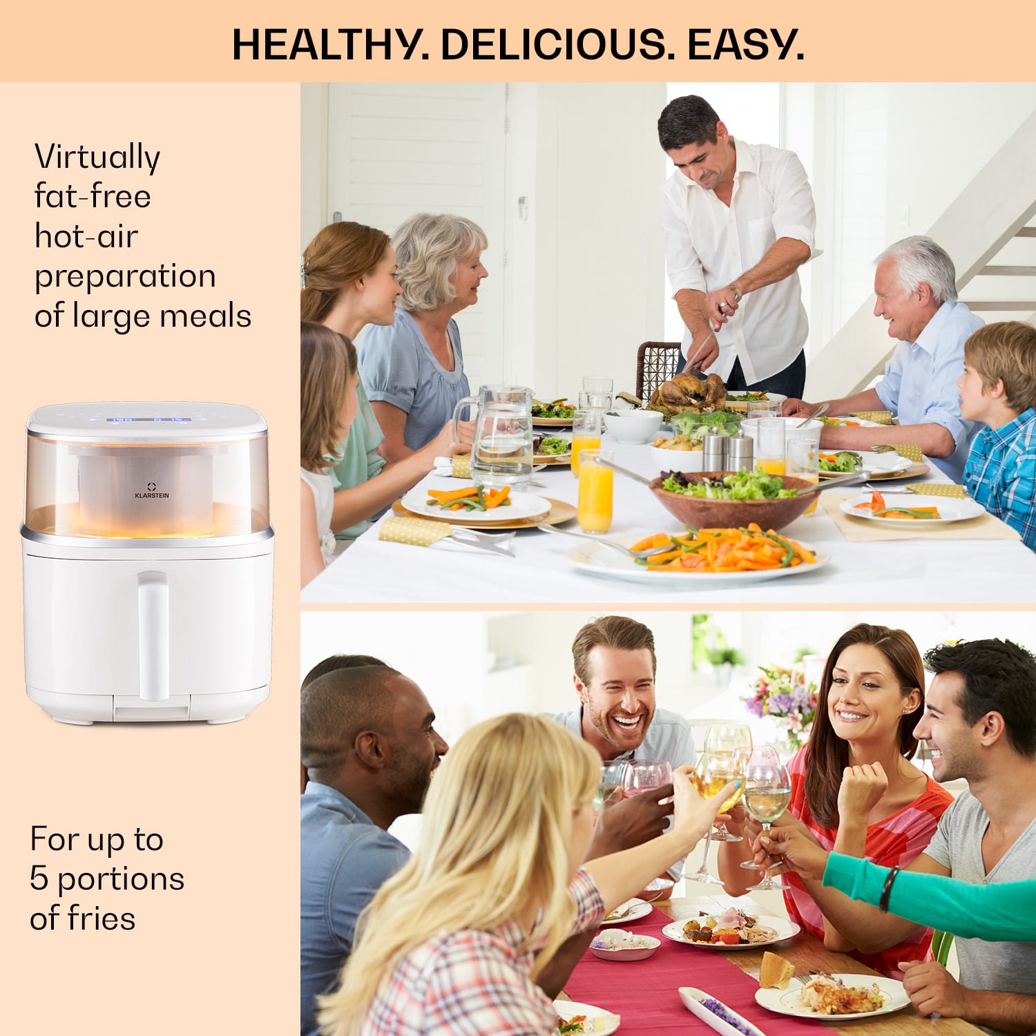 Klarstein Air Bloom, teplovzdušná fritéza, 1500 W, 7,5 l, 16 programov, s funkciou naparovania – Obrázok 3