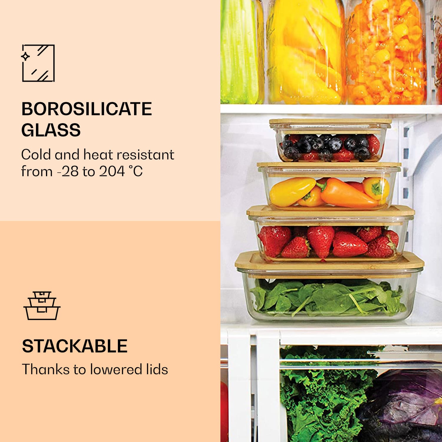 Gramercy Sada dóz na čerstvé potraviny, 4 veľkosti, borosilikátové sklo, bambusové viečka, stohovateľné