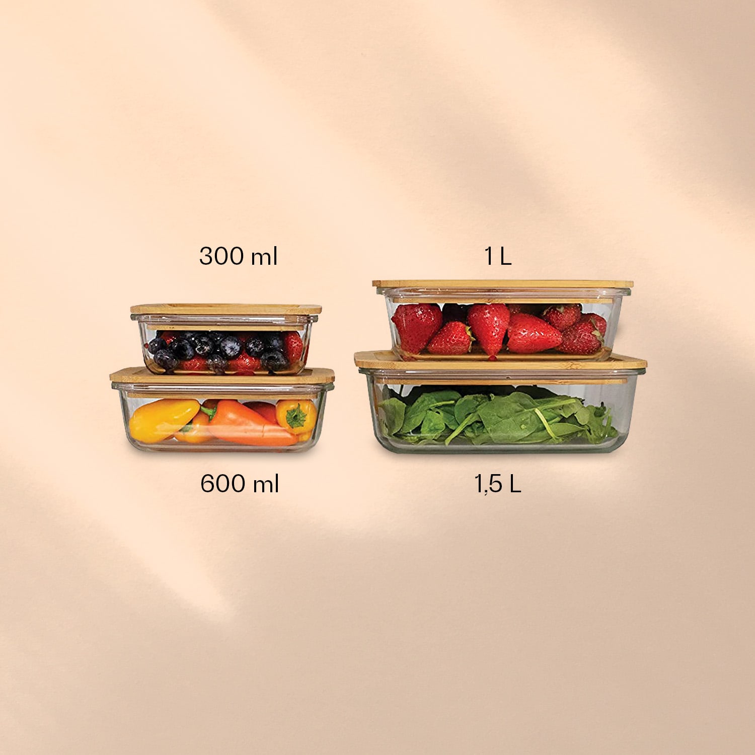 Gramercy Sada dóz na čerstvé potraviny, 4 veľkosti, borosilikátové sklo, bambusové viečka, stohovateľné – Obrázok 2